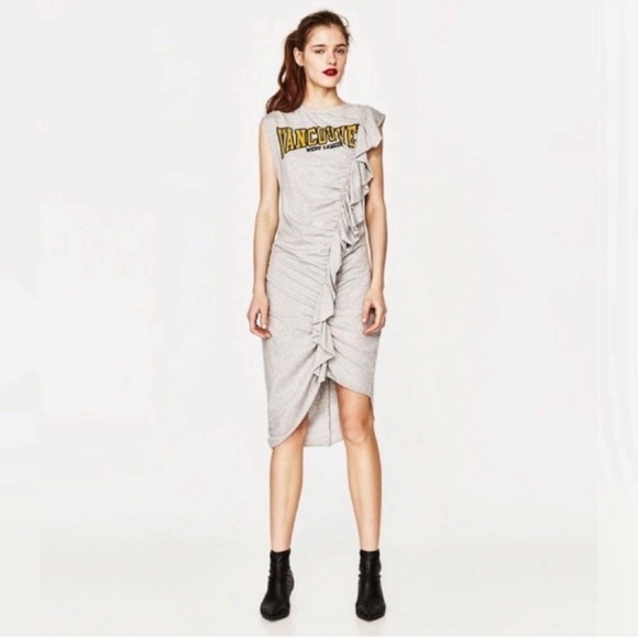 ZARA RUCHED/BODYCON Knit Sleeveless Tank DRESS Sz M Gray Yellow Ruffle Maxi/Midi - Picture 1 of 12